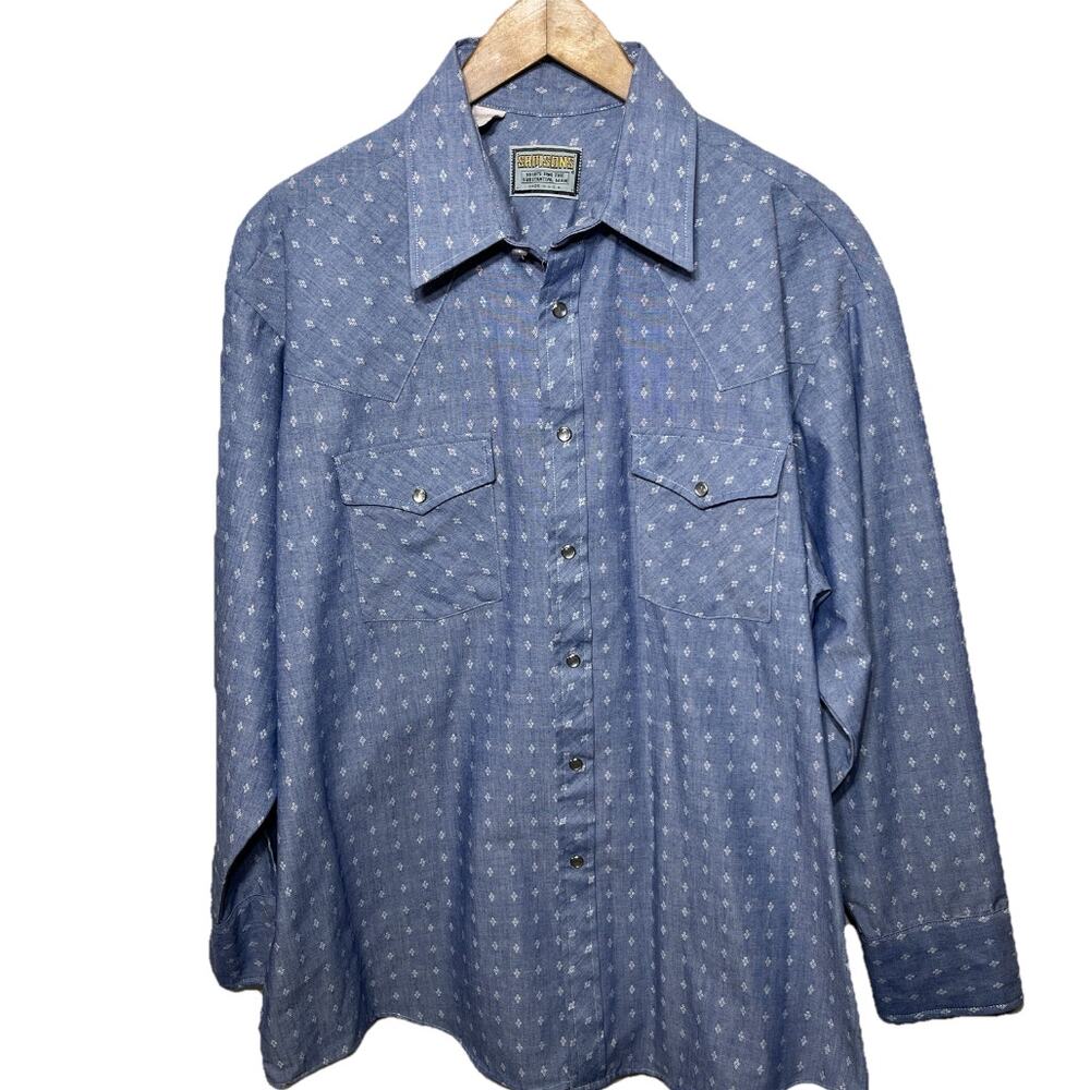 VTG Samsons Shirt 80s Blue Western Pearl Snap Riding Workwear Cotton Blend XL